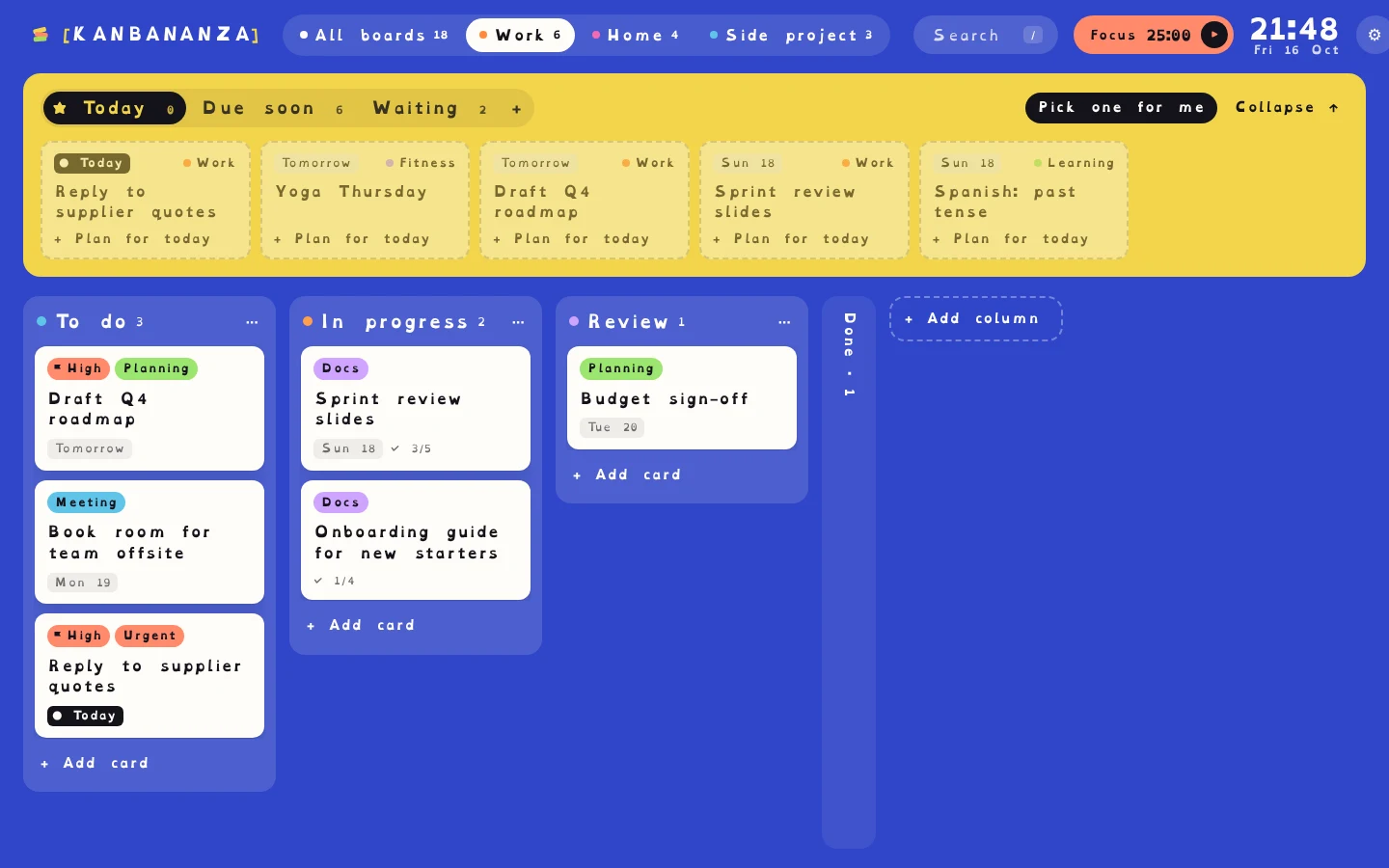 Close-up of cards in the OpenDyslexic font, such as 'Draft Q4 roadmap' and 'Book room for team offsite', with generous spacing.