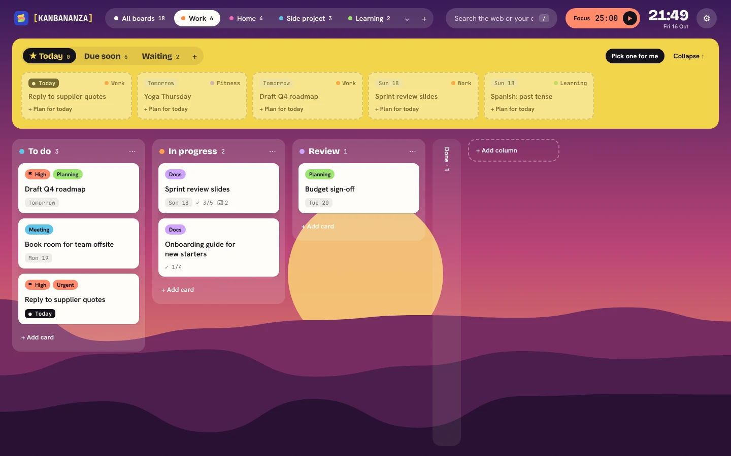 A board shown over the Sunset artwork wallpaper: a big orange sun setting behind purple hills.