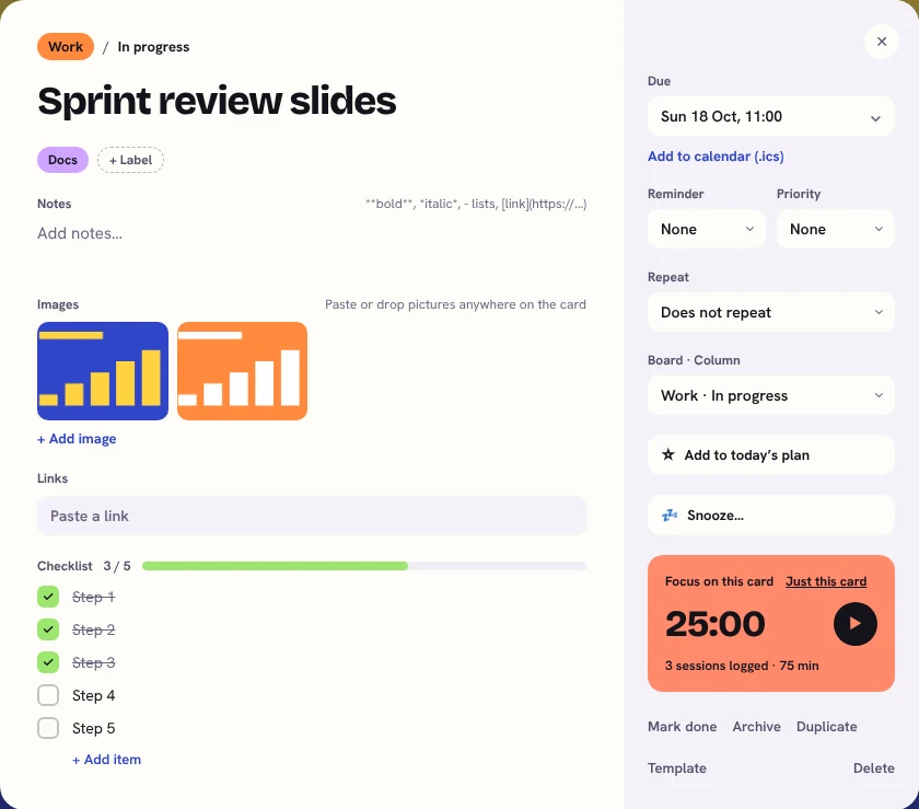 An open card called 'Sprint review slides' with two chart images, a checklist three steps out of five done, and a focus timer panel.