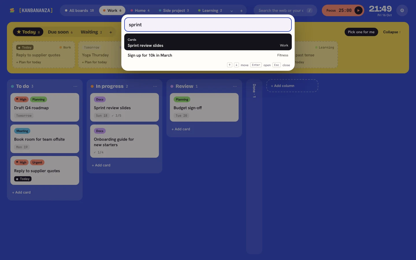The command palette open over a board, searching for 'sprint'. The top result is the card 'Sprint review slides' on the Work board.