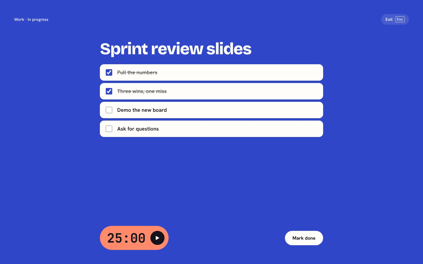 The card 'Sprint review slides' shown on its own, full screen, on cobalt. Its four steps are listed, two ticked, with a large 25:00 focus timer and a Mark done button.