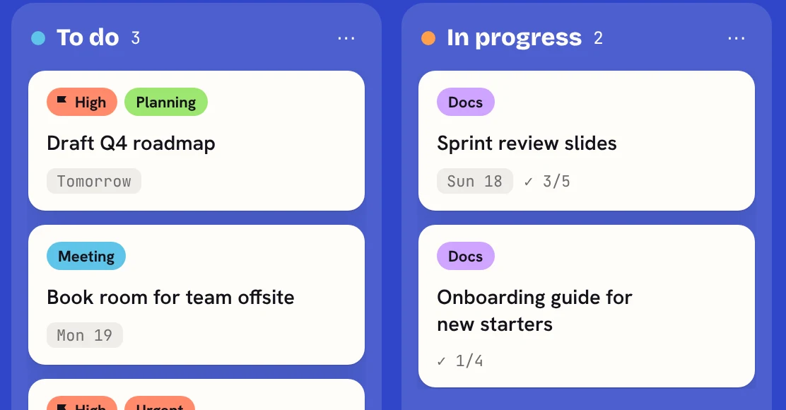 Close-up of cards with nothing hidden: 'Draft Q4 roadmap', 'Book room for team offsite', 'Sprint review slides' and 'Onboarding guide for new starters'.