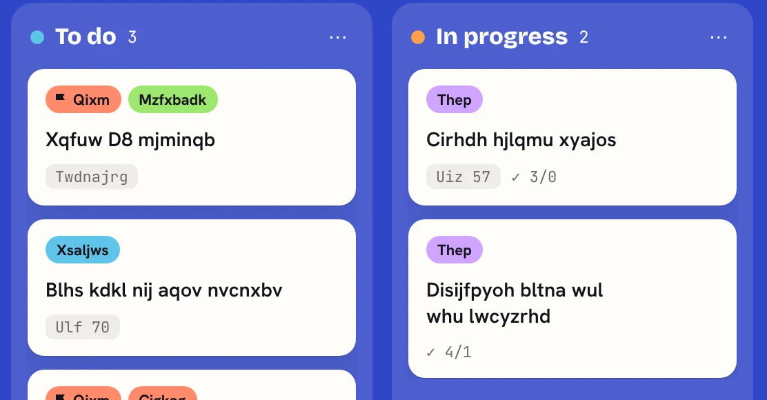 The same cards with Scramble on. Each card is still sharp, but its words are random letters, like 'Xqfuw D8 mjminqb' and 'Blhs kdkl nij aqov nvcnxbv'.