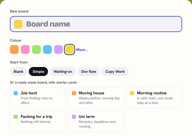 The New board window, offering ready-made boards with starter cards: Job hunt, Moving house, Morning routine, Packing for a trip and Uni term.